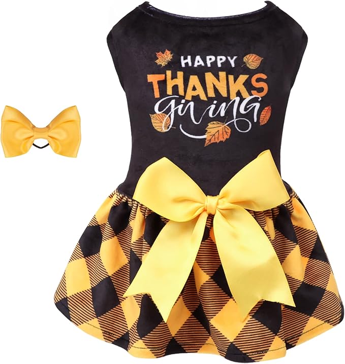 CuteBone Happy Thanksgiving Day Dog Fall Dress Costume Velvet for Small Dogs Girl Puppy Dresses Yellow Plaid Dog Clothes CVA03L-D