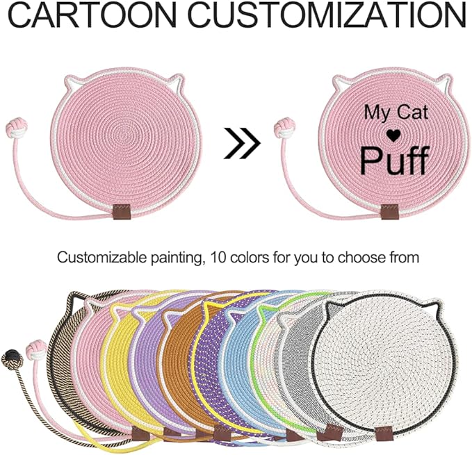 Personalized Cat Scratcher Mat, Customized with Name Text Natural Cotton Rope Round Horizontal Cat Scratching Pads with Ball Toy, Cat Furniture Protector for Wall, Couch, Carpets, Sofa (Pink)