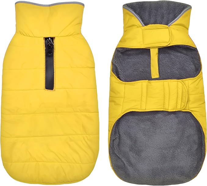 Dog Winter Coat, Waterproof Dog Jacket with Leash Hole, Reflective Adjustable Pet Snow Vest, Warm Fleece Sweater for Small Medium Large Dogs - Yellow, L
