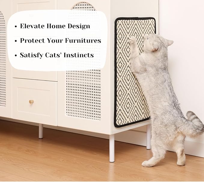 Boho Sisal Cat Scratcher Mat with Adhesive Strips (Scratch Protector for Carpet, Sofa, Wall, Corner Furniture), Durable and Shedding-Resistant Cat Scratching Surface - 13x21.7 inch (Diamond)