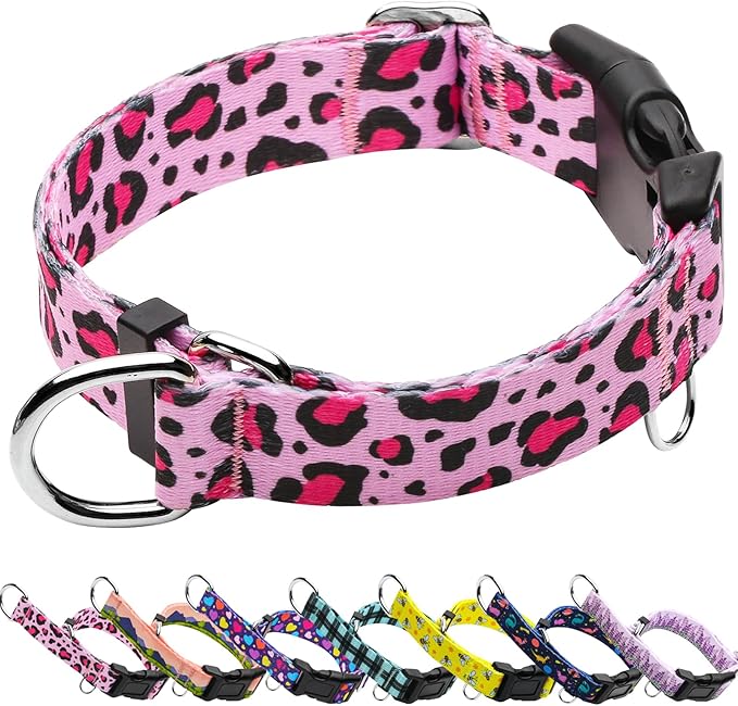 Martingale Collar for Dogs with Buckle No Pull Adjustable Nylon Limited Slip Training Dog Collars (Pink Leopard, Large)