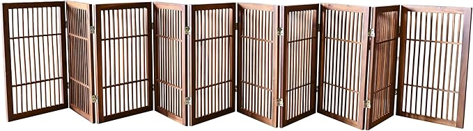 Urnporium Pet Dog Gate Freestanding, Strong Durable Folding Wooden Fence, Portable Acacia Hardwood Safety Barrier for Indoor & Outdoor Use (Brown Pet Gate, 10 Panel 30" Tall)