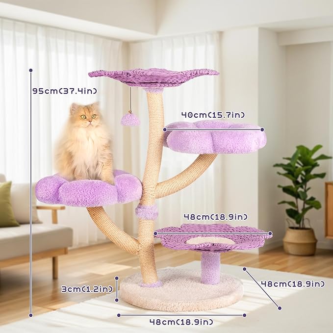 Happy & Polly 35.4 inch Woven Blossom Cat Tree, Fleece Floral Cat Tower with Sisal Scratching Post for Indoor Cats