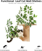 Meowoou Cat Wall Shelves with Leaves, 2 Platform Cat Wall Furniture, Cat Tree Shelves, Rubber Wood Wall Perch with Mat, Bridge for Climb, Nap, Play, Decor