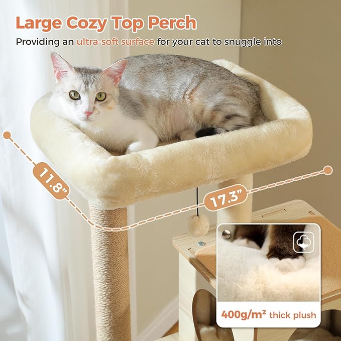 Wooden Cat Tree, 56.3-Inch Modern Cat Tower for Indoor Cats Large Adult, Multi-Level Cat Condo with Large Hammock, Scratching Posts, Washable Removable Cushion & Non-Slip Jump Platforms, Beige
