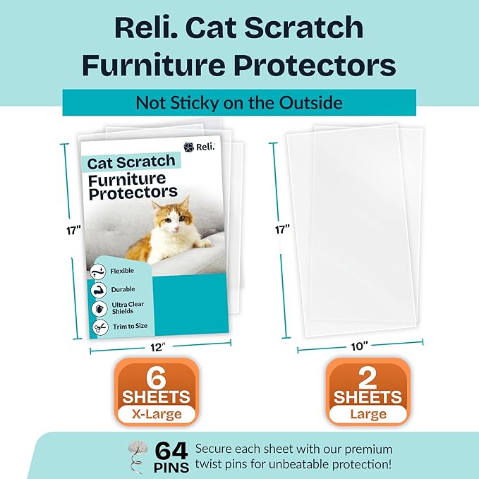 Reli. Cat Scratch Furniture Protector (8 Pack w/Pins) XL | Cat Couch Protector from Claws | Clear Plastic Anti Scratch Furniture Shield for Sofa