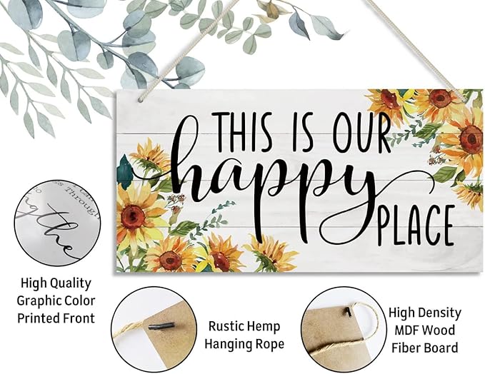 Sunflower Theme Wood Decor Sign, This Is Our Happy Place, Hanging Printed Wooden Plaque Decor, Rustic Home Décor Sign, Entryway Wall Decor, Hanging Plaques for Foyer Farmhouse Hostel Sign 12x6 inch