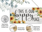 Sunflower Theme Wood Decor Sign, This Is Our Happy Place, Hanging Printed Wooden Plaque Decor, Rustic Home Décor Sign, Entryway Wall Decor, Hanging Plaques for Foyer Farmhouse Hostel Sign 12x6 inch