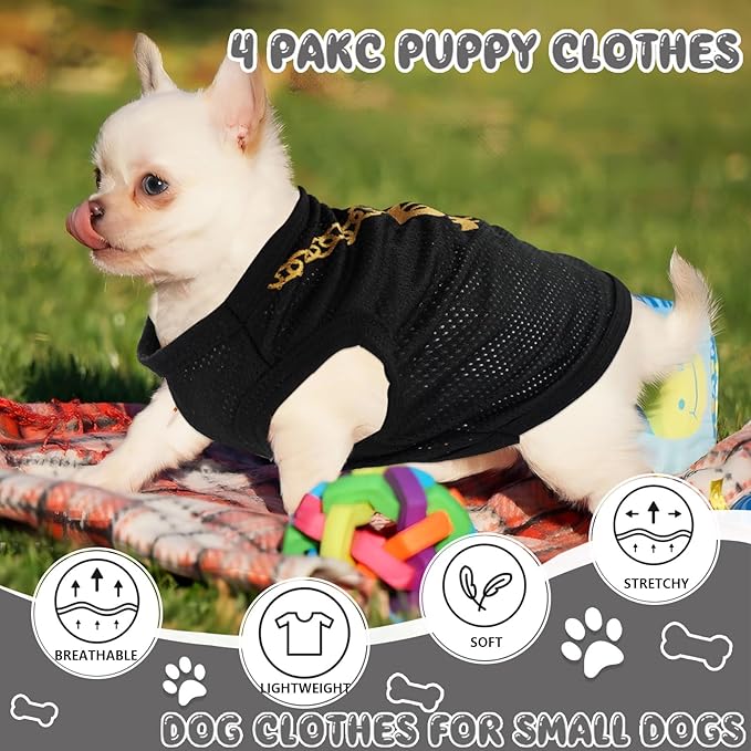 4 Pack Chihuahua Clothes Dog Clothes for Small Dogs Black Puppy Clothes Soft Chihuahua Clothes K9 Security Pattern Dog Shirt Summer Pet Clothing (Small)