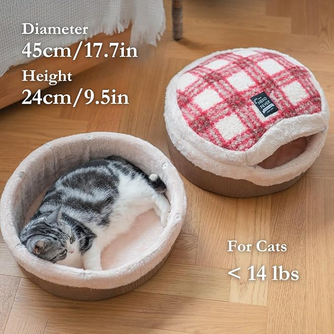 Cat Bed Cave– Enclosed Self Warming Hideaway with Detachable Lid & Mat, Covered House for Indoor Kitten & Kitty (Brown)