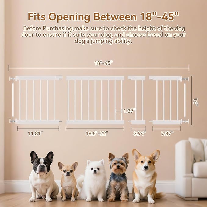 Short Dog Gate,18"-45" Adjustable Extra Wide Metal Short Dog Gate to Step Over, 13" Tall Small Pet Gate with 3 Extension Kits