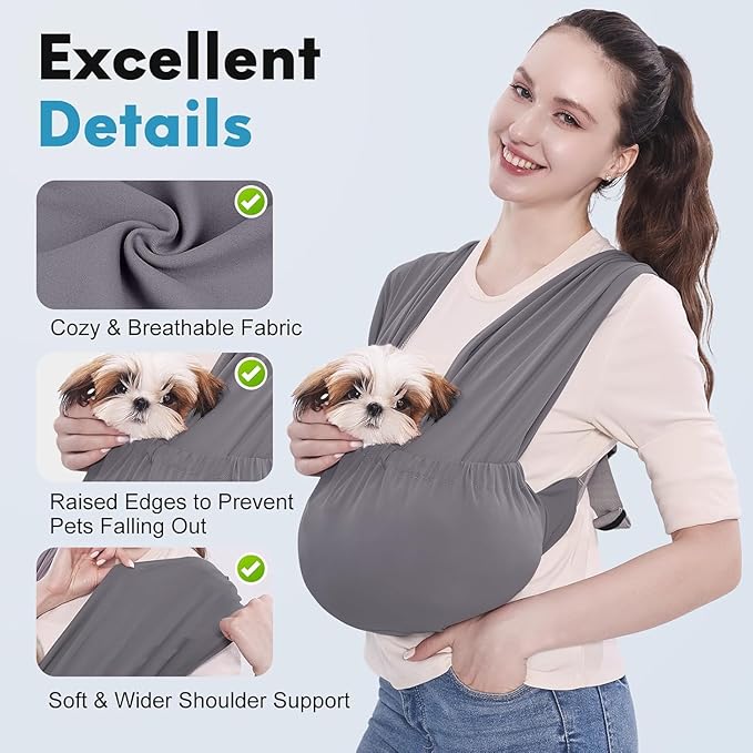 Supet Dog Sling Carrier for Small Pets, Hands Free Cat Sling, Reducing Back Neck Pain Anti-Anxiety Puppy Front, Adjustable Soft Dog Carrying (Grey, Regular 0-9 Lbs)