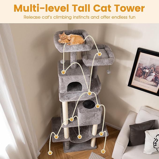 PETSITE 81 Inches Tall Modern Cat Tree, Multi-Level Cat Tower with Sisal Scratching Posts, 2 Private Condos, 2 Hanging Jingling Ball, Hanging Sisal Rope, 2 Top Perches, and Multiple Jumping Platforms
