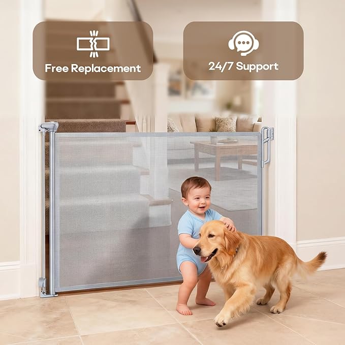Retractable Safety Baby Gate or Mesh Dog Gate,Durable Portable Mesh Retractable Gate,Easy to Use for Stairs, Doorways, Hallways, Indoor, Outdoor, 33.5" Tall, Up to 45" Wide, Gray