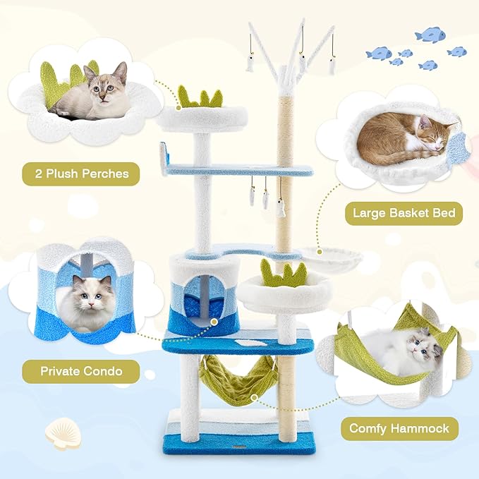 PETSITE Ocean-Themed Cat Tree for Indoor Cats, Multi-Level Cat Tower with Natural Sisal Scratching Posts, Hanging Toys and Padded Top Perch, Modern Cat Tree for Large Cats 20 lbs Heavy Duty (65")