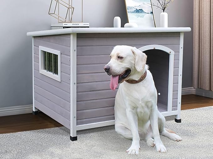 40" Wooden Outdoor Dog Houses, Waterproof Dog House Outside with Window & Door Flap Waterproof Dog House Outdoor Indoor, Assemble Easily-Grey