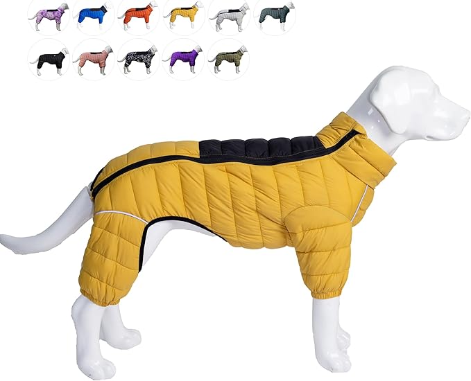 Lovelonglong Dog Coat - Warm Jacket, 4 Legs Covered Waterproof Windproof Reflective Dog Vest, Zippered Adjustable Outdoor Snow Jacket for Small to Large Dogs - Yellow