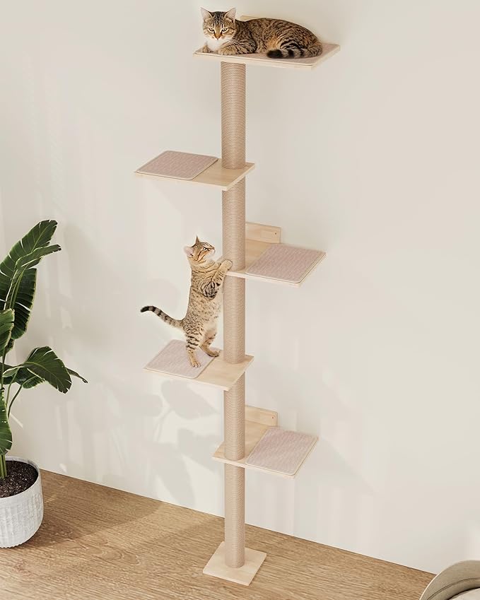 80inch Wall Mounted Cat Tree, 15.8in Top Perch Bed for Large Adult Cats, Adjustable Cat Shelves Floor to Ceiling for Scratch, Climb, and Lookout