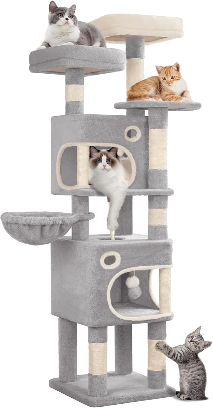 62.6" Cat Tree for Indoor Cats, Cat Tower, Multi-Level Cats Condo with 8 Scratching Posts, 3 Platforms, 2 Caves, Basket, Plush Balls, Sisal Rope, Anti-Tip Kit, Light Grey MS15918LG
