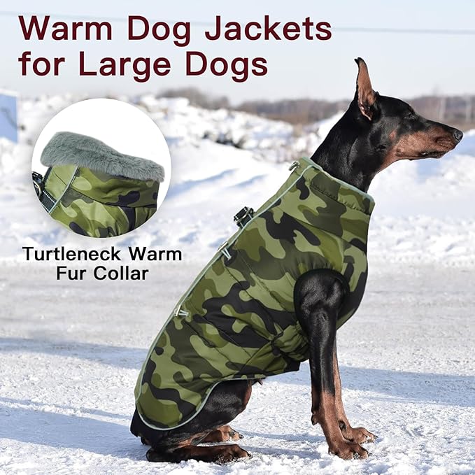 Dog Winter Jacket - Large, Warm Zip Up Snowsuit Dog Harness Vest, Reflective, Water-Resistant, Camouflage