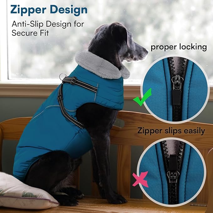 Queenmore Large Dog Jackets,Dog Coats for Extra Large Dogs with Harness Built in,Reflective Waterproof Dogs Jackets with Fleece Lining,Warm Snowsuit Pet Coats for German Shepherd,Blue,XXXL