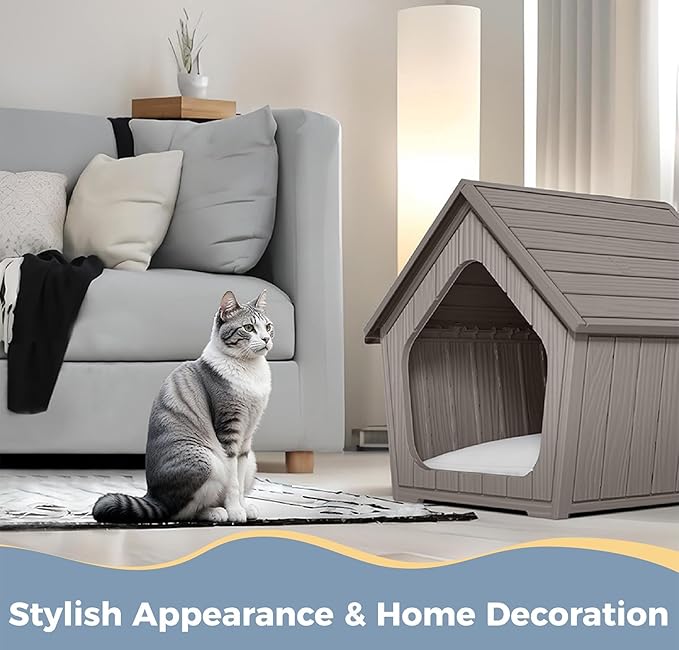 Indoor Dog House for Puppy, Durable Small Dog House Outdoor, Waterproof and Scratch Resistant Animal Shelter with Air Vents and Elevated Floor, Easy Installation and Clean (Deep Grey)