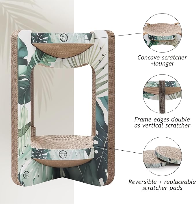 Necoichi Cat Scratcher Tower for Indoor Cats - Cat Scratching Post Lounger with Reversible Usability and Extra Comfort for Lounge, Cardboard Bed Couch / (Regular, Oak)