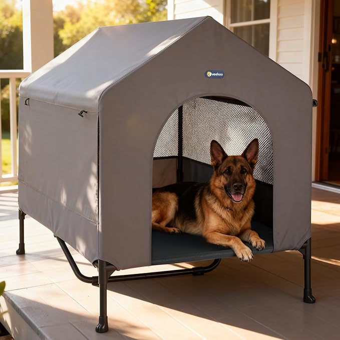 Veehoo 47" Dog House, 2-in-1 X-Large Dog House Outdoor Indoor Weatherproof, Outside Elevated Dog Cot Bed Dog Tent Shade, Three-Sided Breathable Mesh Windows and Sunshades, CWC2435CP
