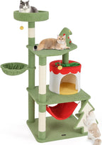 PETSITE 52 inch Cat Christmas Tree, Multi-Level Cat Tower with Sisal Scratching Posts & Board, Cat Condo, Basket Bed, and Detachable Hammock, Cute Cat Tree for Indoor Cats