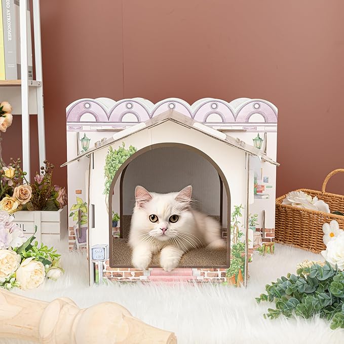 2 Story Cardboard Cat House with Scratcher Pad for Small Kitten,17x12x10 Multi Level Durable Cat Condo & Villa for Bunny Rabbit Small Animals Christmas Birthday Gift(17x12x10,Cottage)