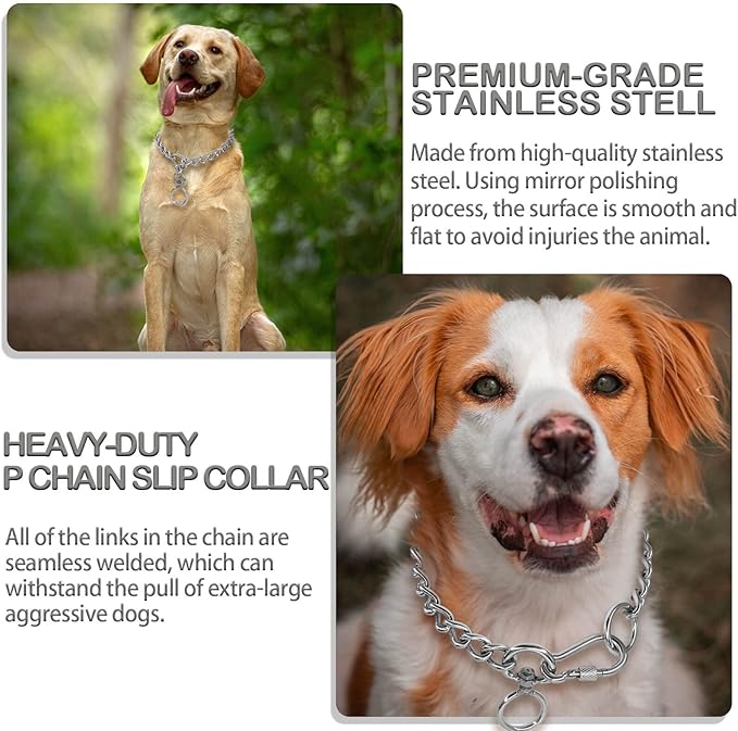 Chain Dog Collars Stainless Steel Metal Chew Proof Necklace Slip P Chain with Connect Clasp for Small Medium Large Dogs Training and Walking.