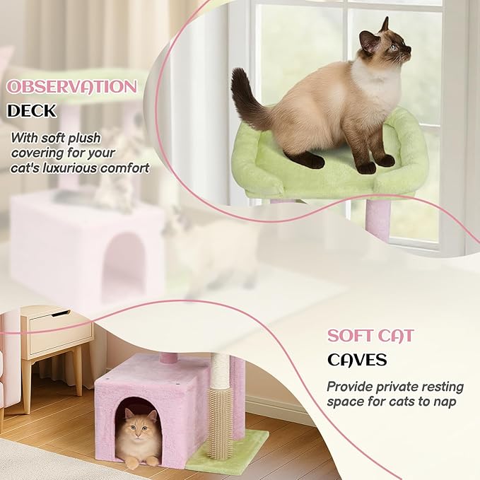 Outvita Cat Tree 27.5in Small Cat Tower, Multi-Level Cat Tree Tower with Cat Scratching Post and Pad, Cozy Cat Condo, Padded Top Bed for Kittens and Indoor Cats, Pink & Green