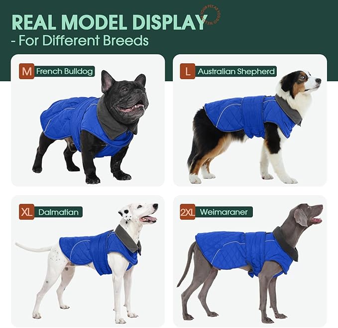 Kuoser Extra Warm Dog Coat, Windproof Cold Weather Dog Jackets for Large Dogs, Thick Fleece Lining Pet Turtleneck Snowsuit Reflective Adjustable Puppy Winter Coat Doggie Snow Jacket Blue, XL
