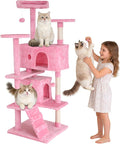 BLKMTY Cat Tree 54" Tall Cats Tower Large Cat Condo Climber Cats Climbing Stand with Top Perches Playhouse and Climbing Ladder Kitty Activity Tree w/Scratching Post Toys, Pink