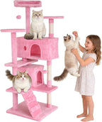 BLKMTY Cat Tree 54" Tall Cats Tower Large Cat Condo Climber Cats Climbing Stand with Top Perches Playhouse and Climbing Ladder Kitty Activity Tree w/Scratching Post Toys, Pink