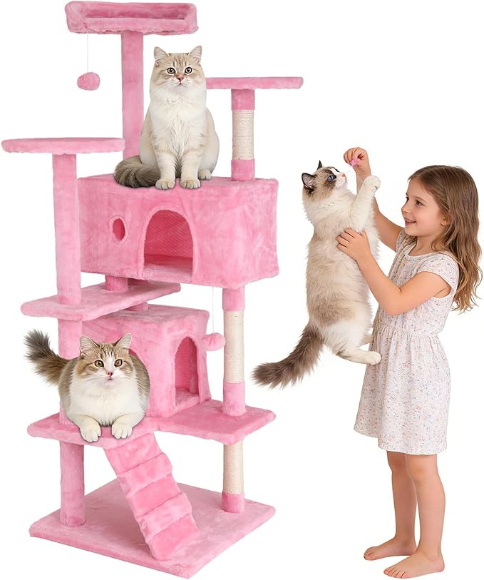 BLKMTY Cat Tree 54" Tall Cats Tower Large Cat Condo Climber Cats Climbing Stand with Top Perches Playhouse and Climbing Ladder Kitty Activity Tree w/Scratching Post Toys, Pink