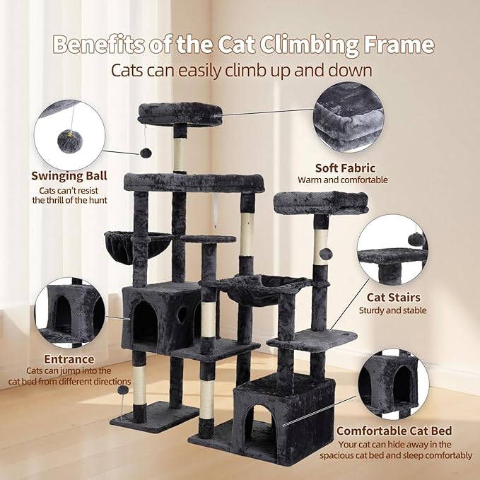 Indoor Cat Tree for Large Cats, 64.5 Inch Multi-Cat Cat Tree, Includes 3 Perches, 2 Cat Beds, 2 Hanging Baskets, Ideal for Multiple Cats to Play (Grey)