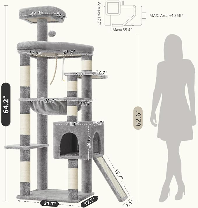Heybly Heavy Duty Cat Tree, 64.2-Inch Tall Tower for Large Indoor Cats with Widened Structure, Cat Furniture with Big Platforms, Extra-Large Hammock, Sisal Scratching Posts & Board, Light Gray HCT027W