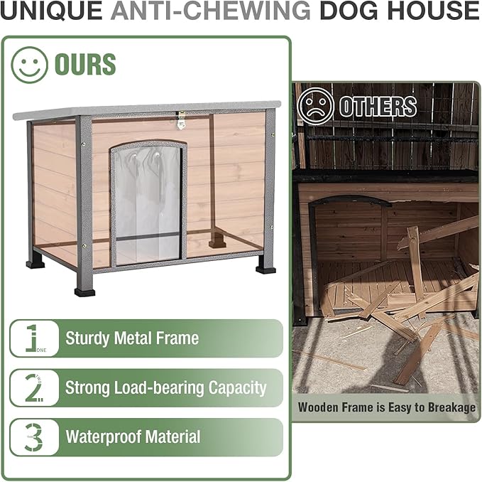 33.3’’ Heated Outdoor Dog House Weatherproof Insulated Dog Kennel with Metal Frame, Dog Shelter with Heating Pad, 6-Sided Insulated Liner and PVC Door Curtain for Winter (Brown)