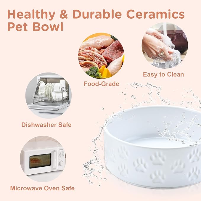 SPUNKYJUNKY Elevated Dog Bowls Ceramic, 7.3'' Dogs Food Water Bowls Raised with Non-Slip Bamboo Stand for Medium to Large Sized Breed Microwave Dishwasher Safe - 42 OZ,Paw White