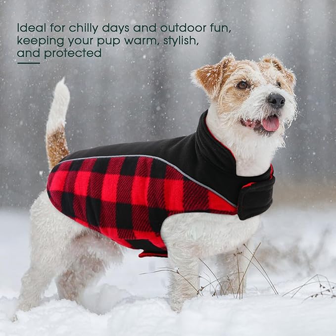 Kuoser Dog Winter Coat, Reversible Waterproof Dog Jacket with Leash Hole, Warm Dogs Fleece Vest Adjustable Doggy Cold Weather Clothes Plaid Christmas Outfit Pet Apparel for Large Dogs, RedBlack L
