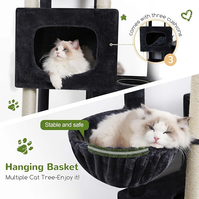 Globlazer 85 Inch Tall Cat Tree for Large Cats, Multi-Level Cat Tower for 4+ Cats with 3 Condos, 2 Hammocks & Sisal Posts, Heavy Duty Cat Tree Tower for Maine Coon, S85, Dark Grey
