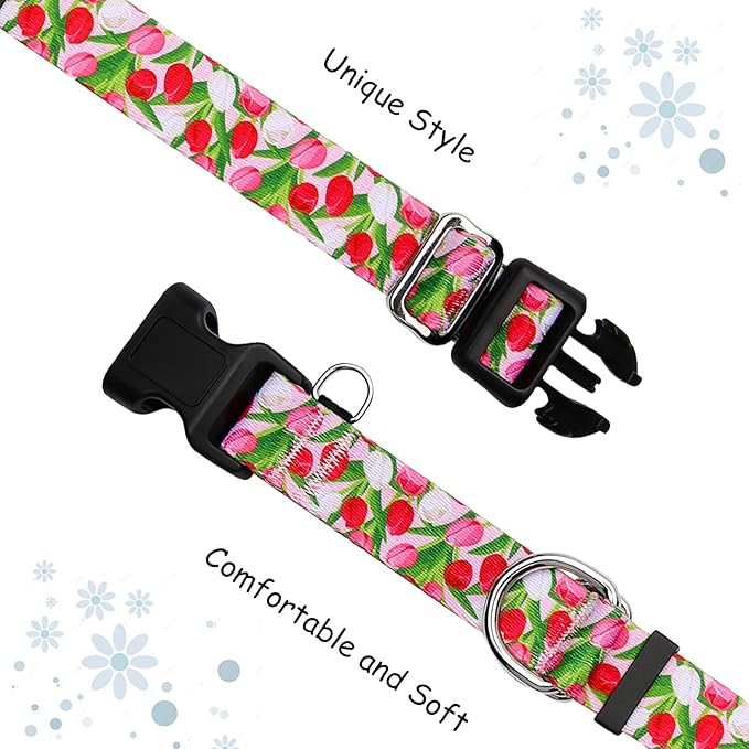 Martingale Collar for Dogs with Buckle Floral No Pull Adjustable Nylon Limited Slip Training Dog Collars (Pink Tulip, Small)
