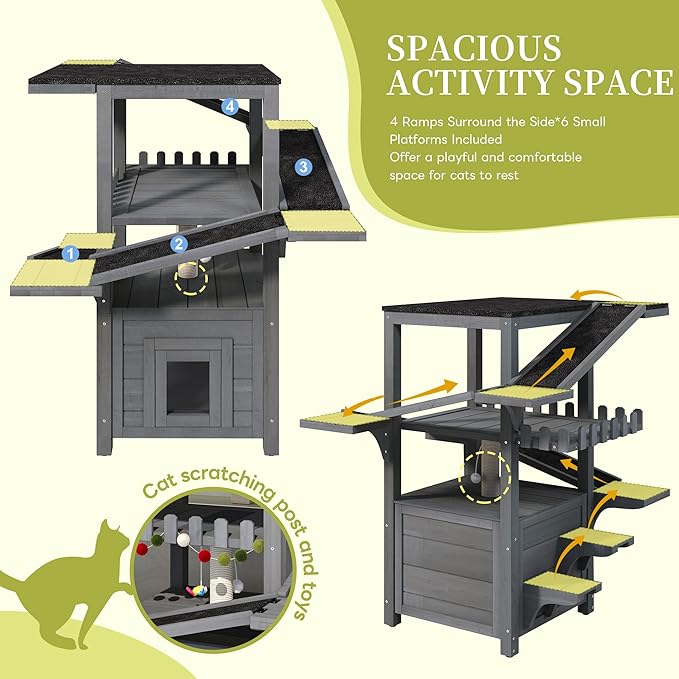 Merax 4 Tiers Outdoor Cat House, Weatherproof Cat Tree Tower with Waterproof Roof and 2 Doors, Feral Cat Shelter Outside Enclosure, Multi-Level Play Zones with Balcony for Small Animals