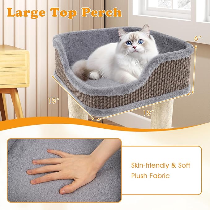 PETSITE 20 inch Small Cat Tree, Modern Cat Tree with Top Soft Upholstered Bed, Sisal Scratching Posts & Mats, and Interactive Dangling Ball, Ideal for Small Indoor Cats and Kittens