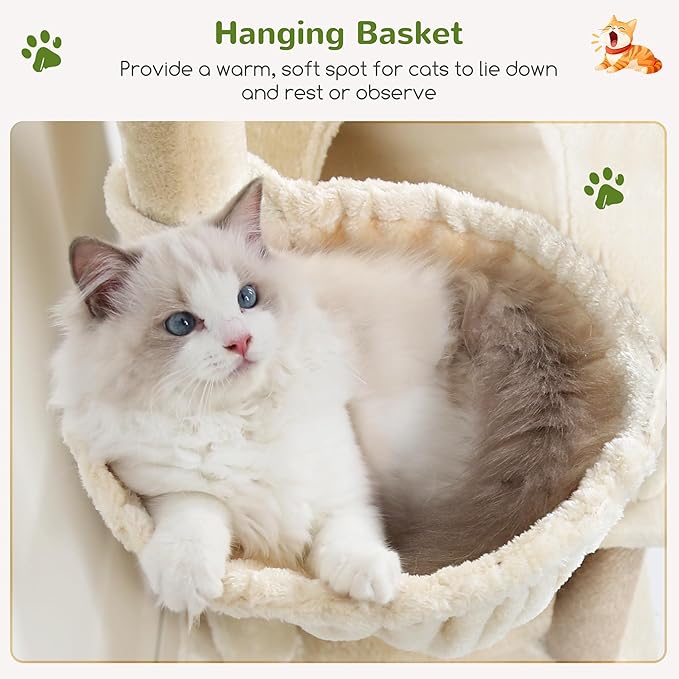Globlazer 81" Cat Tree Tower for Large Cats, Heavy Duty Cat Tree for 6 Maine Coons & Ragdolls, Multi-Level Stable Activity Center with 3 Hammocks 7 Sisal Posts 2 Condos & Scratching Board, F81D, Beige
