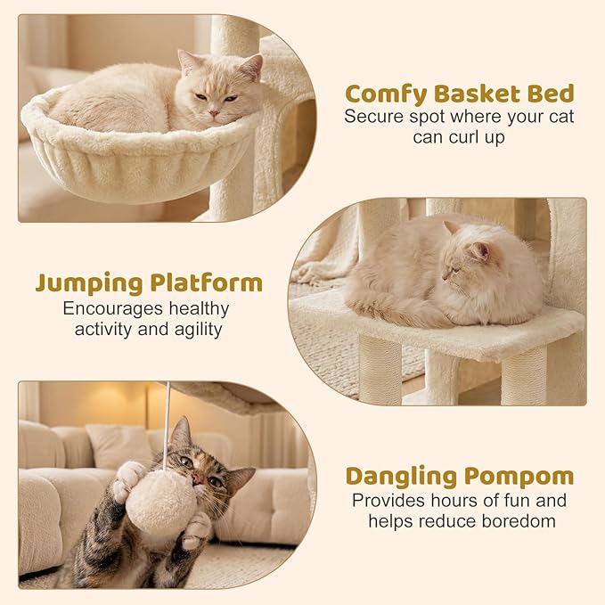 DORTALA Cat Tree for Indoor Cats, 33.5" Cat Tower with 2-Storey Condo, Top Perch, Sisal Scratching Posts, Dangling Ball, Platform, Multi-Level Pet Climbing Furniture Activity Center (Beige)