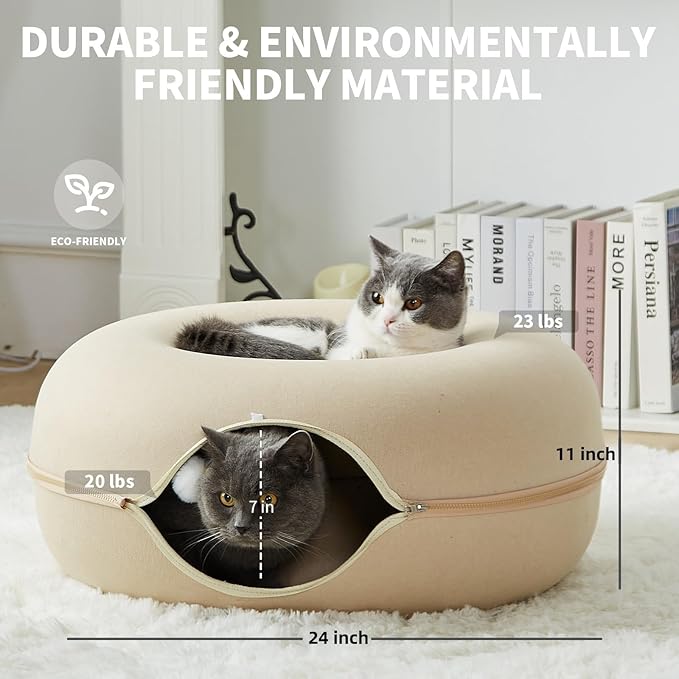 Peekaboo Cat Tunnel for Large Cats up to 30 lbs, Features A Jingle Ball, Removable and Washable Tunnel Bed, and a Cozy Donut Tunnel (Beige, 24 Inches)