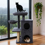Tangkula Cat Tree Tower, 33.5 Inch Cute Cat Tower with 2-Tier Large Condo, Sisal Scratching Posts, Padded Top Perch, Dangling Toy, Rotatable Cozy Basket, Cat Climbing Furniture (Dark Gray)