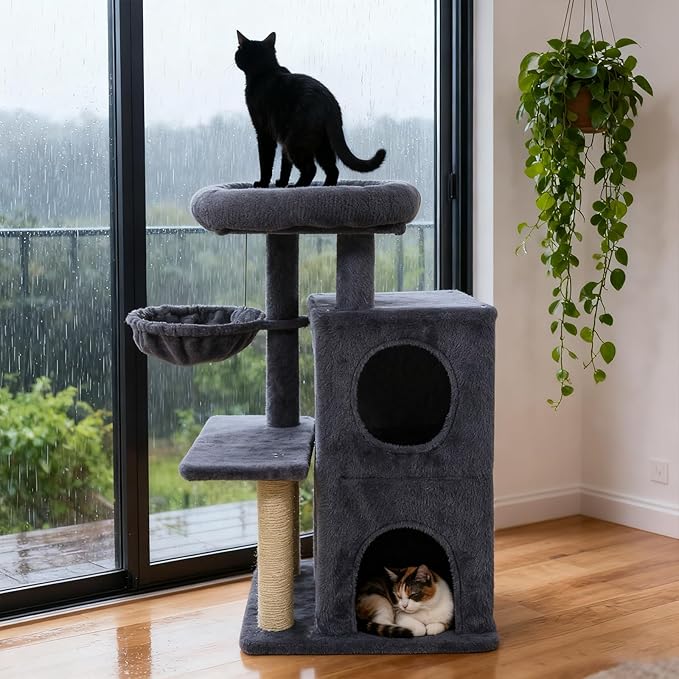 Tangkula Cat Tree Tower, 33.5 Inch Cute Cat Tower with 2-Tier Large Condo, Sisal Scratching Posts, Padded Top Perch, Dangling Toy, Rotatable Cozy Basket, Cat Climbing Furniture (Dark Gray)
